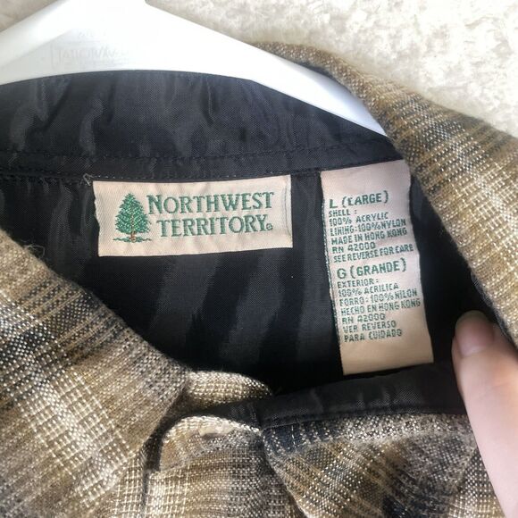 VTG Northwest Territory Flannel Shacket Mens Large Beige Plaid Nylon Lined - Picture 12 of 13
